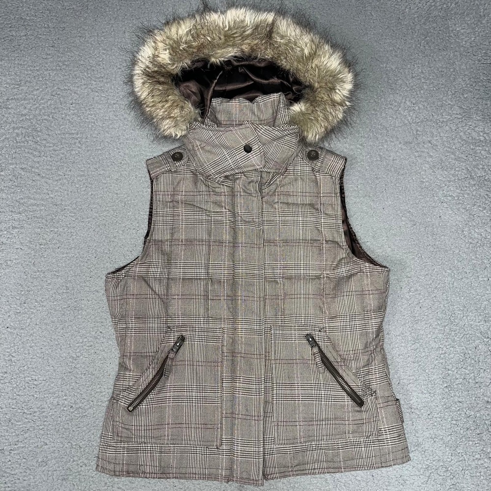 Aeropostale Down Puffer Vest Women's Size L Brown Plaid Faux Fur Trim Hood LIght